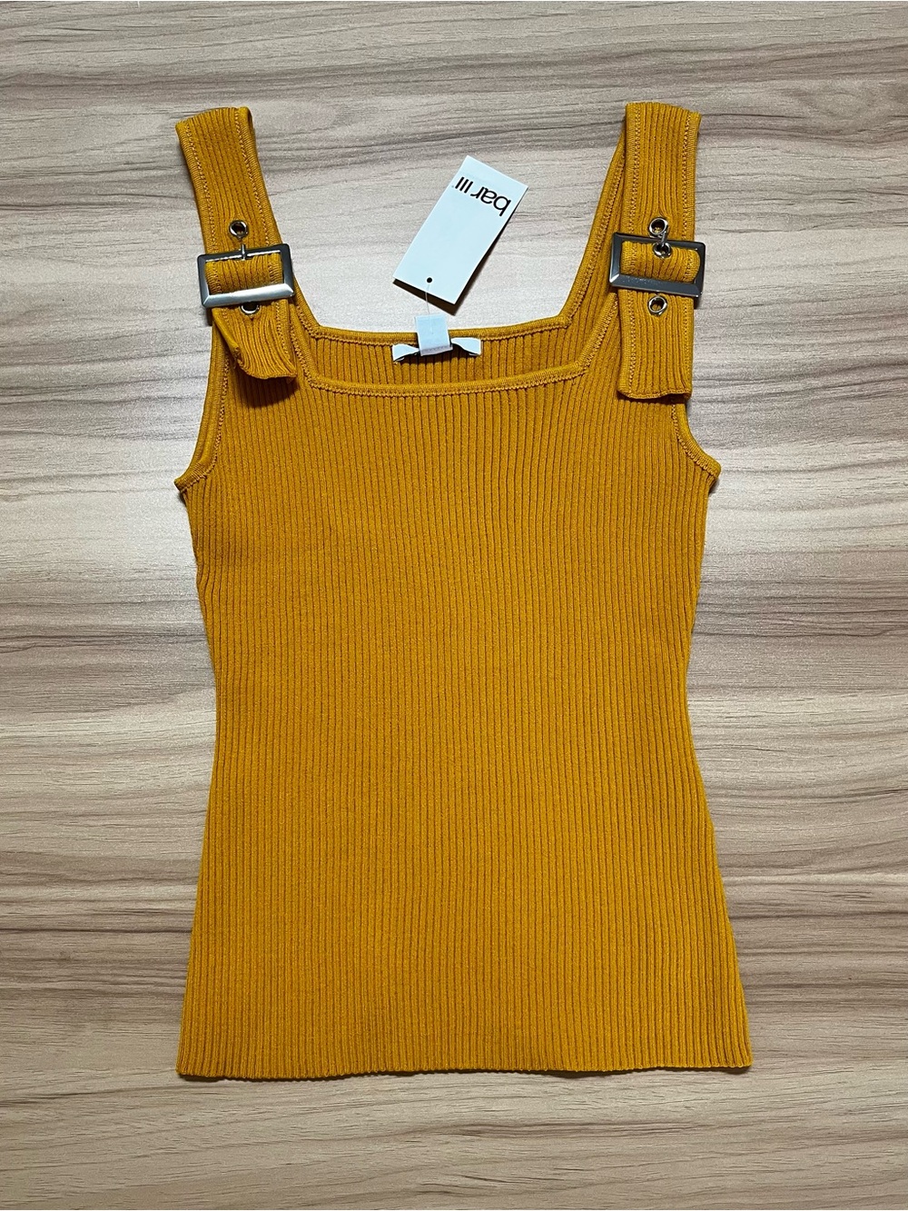 Bar III Mustard Ribbed Buckle Strap Tank Top NWT